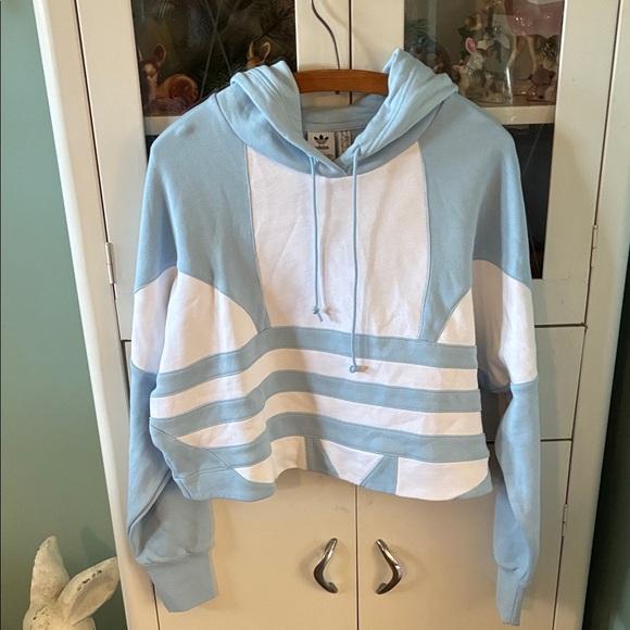 Adidas Originals Trefoil Light Blue and White Cropped Hoodie euc - Picture 1 of 9